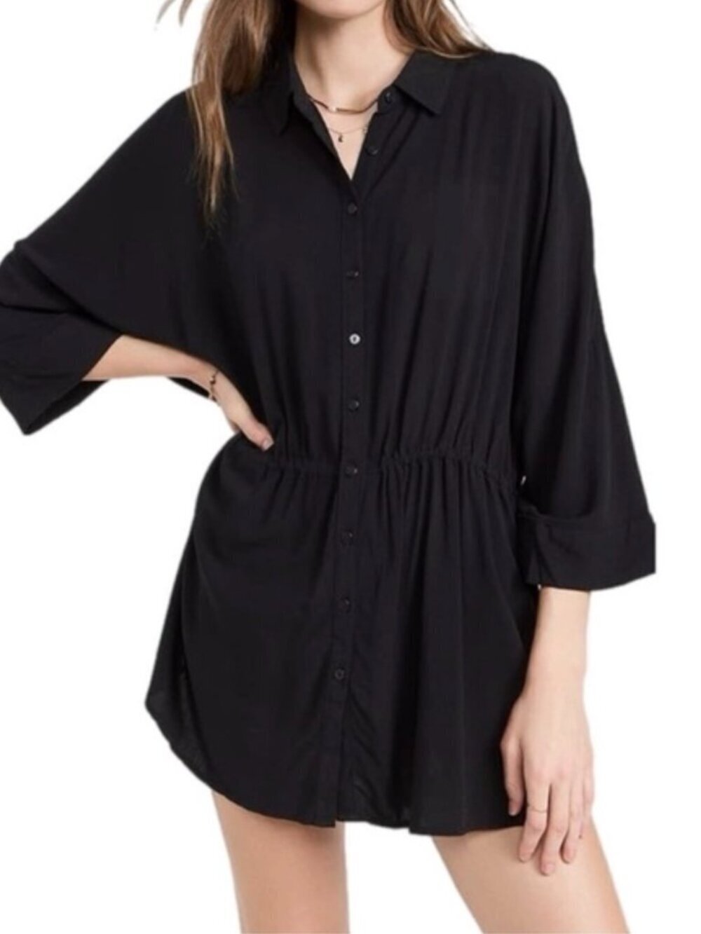 NWT L*Space Black Pacifica Tunic Button-Down Cinched Waist Shirt Size L Cover Up